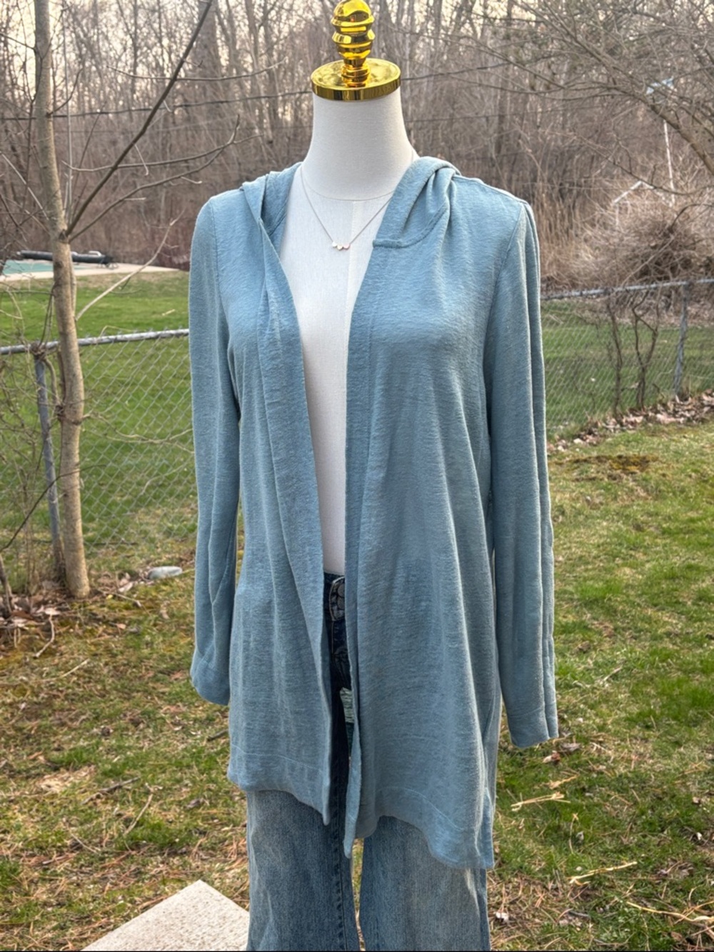 Tahari Light Blue Open-Front Hooded Cardigan